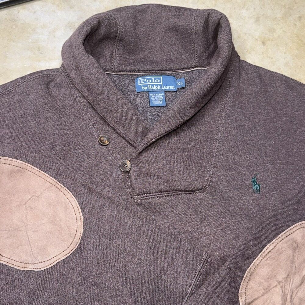 Vintage Polo Ralph Lauren Brown Shawl Neck Sweater Suede Elbow Patch Mens XL
